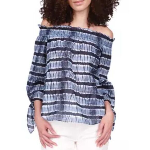 NWT Michael Kors Smocked Off Shoulder Chambray Stripes Chic & Polished Top S - Picture 13 of 13